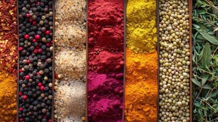 Lively Spice Market Background with Garam Masala, Fenugreek, and Black Pepper

