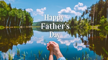 "Happy Father's Day" text in the center with a human hand holding a child's hand, with a background of a calm lake surrounded by trees.