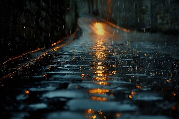 Close-up of a wet cobblestone street at night, illuminated by soft light, creating a moody and atmospheric scene.
