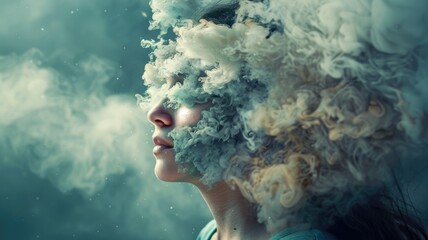 Woman surrounded by swirling smoke, creating dreamlike, surreal effect