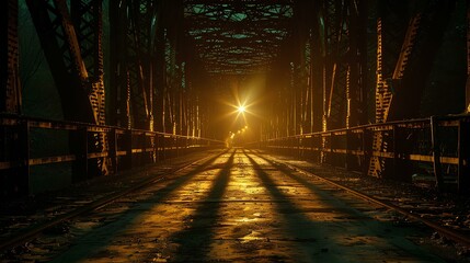 Illuminated Railway Bridge at Night,A stunning night scene featuring an old railway bridge illuminated by warm lights, creating a captivating contrast with the surrounding darkness.