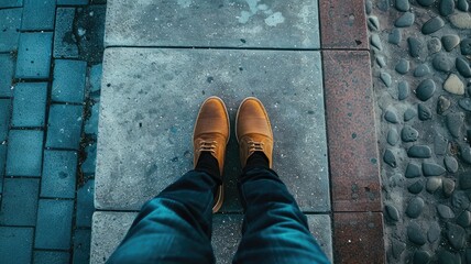 Man in jeans and brown shoes standing on sidewalk
