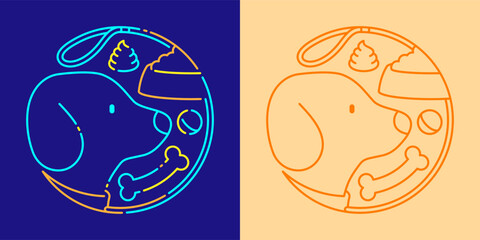 Pet shop logo Dog, food, poo, ball and bone in circle frame shape by dog leash icon editable stroke dash line doodle design minimal illustration isolated 2 tones dark blue and cream color background