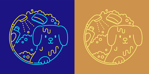 Pet shop grooming logo Dog, shampoo, hairbrush and bubble in circle frame shape by shower icon editable stroke dash line doodle design minimal illustration isolated 2 tones dark blue background