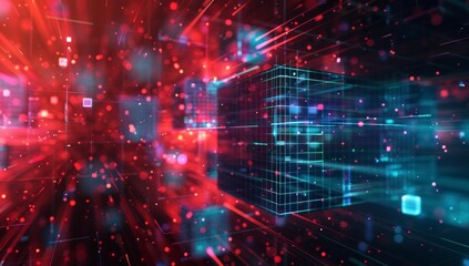 Obraz premium Digital data flows through the center of an abstract digital space composed of cubes and squares, with a dark blue background, red light effects on one side, and an orange glow in front.