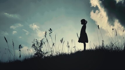 Silhouette of girl standing on grassy hill against cloudy sky at dusk