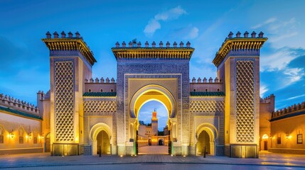 Fototapeta premium Photo of the kings palace in fes, morocco at night with blue sky, golden door and archway