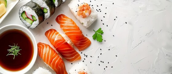 Minimalist Background with Sushi Rice, Nori, Salmon, and Avocado

