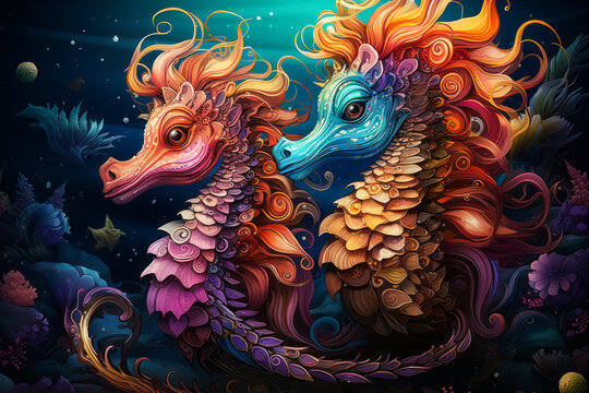 Two vibrant seahorses gracefully navigate through the ocean in this enchanting underwater scene