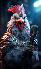 In this image, a chicken clad in armor holds a microphone firmly with its claws, showcasing a unique and whimsical juxtaposition of elements