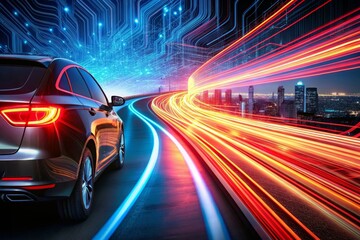 Fototapeta premium Abstract background of long explosure tale light Car on black ,Technology backgroud
