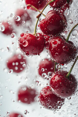 Vibrant red cherries encapsulated in sparkling water droplets, suspended in mid-air with intricate reflections and bubbles.