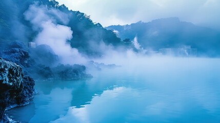 A misty, foggy day with a body of water and a house in the background