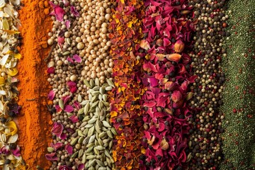 Colorful Spice Background with Seasonings and Herbs


