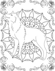 Wolf on Mandala Coloring Page. Printable Coloring Worksheet for Adults and Kids. Educational Resources for School and Preschool. Mandala Coloring for Adults