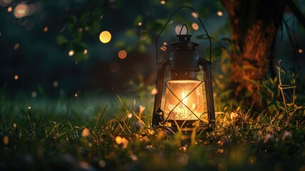 Lantern glowing in lush, magical forest setting at dusk with fireflies