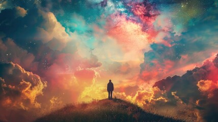 Lone figure stands on hill under colorful, surreal sky