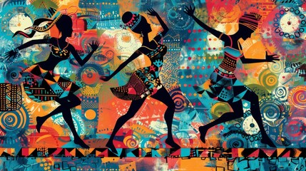 Fototapeta premium African People Dancing in Ethnic Abstract Tribal Pattern