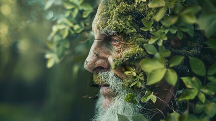 Elderly man with white beard blends into leafy foliage in surreal photo