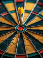 Dart in the middle of a bullseye reaching the target with good aim , success concept image with copy space