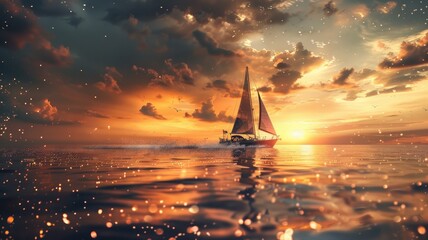 Sailing boat during sunset with golden reflections on water