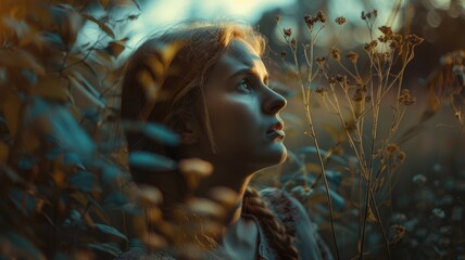 Caucasian female in nature, surrounded by plants, sunset lighting