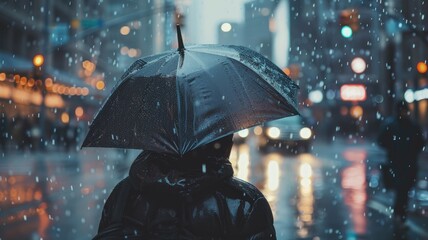 Person with umbrella in rainy city street at night