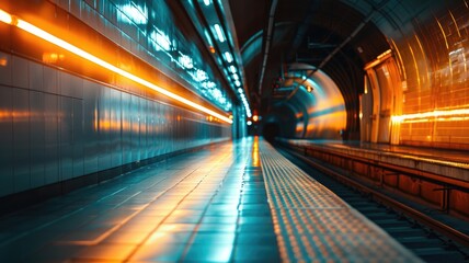 Empty subway station with futuristic lighting and reflections on tiles