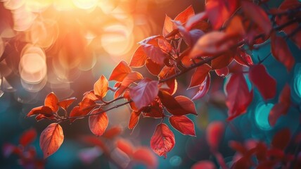 Close-up of red leaves on branch with bokeh background