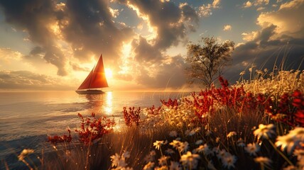 Sailboat on sunlit sea near vibrant flowers at sunset