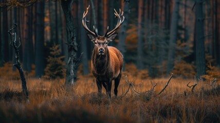 Majestic stag with large antlers in forest during autumn