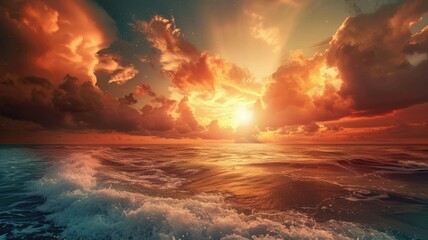Stunning sunset over ocean with dramatic clouds and waves