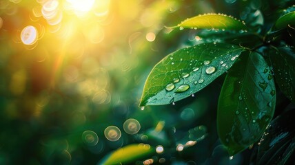 Close-up of leaves with water droplets in morning light