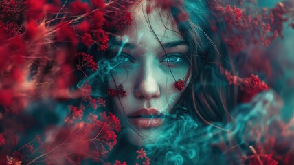 Artistic portrait of young woman surrounded by red flowers and mist