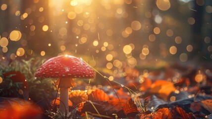 Red mushroom in forest with autumn leaves warm sunlight