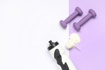 Protein powder, sports water bottle and dumbbells on color background