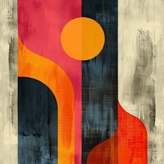 poster with orange, pink, tan and blue simple shapes, in the style of retro vintage, monochrome geometry, rounded shapes, woodblock prints,