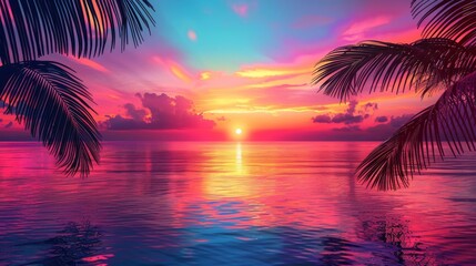 Tropical sunset with vivid colors and rainbow accents around the edges, central area left blank for text