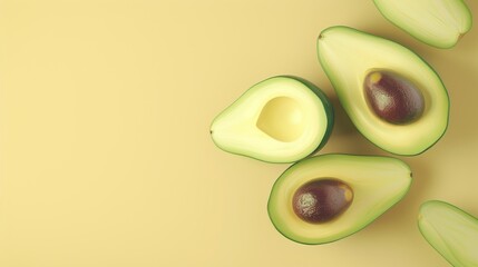 Avocados, a photorealistic illustration against pastel yellow background with copy space for text or logo, beautifully illuminated by studio lighting