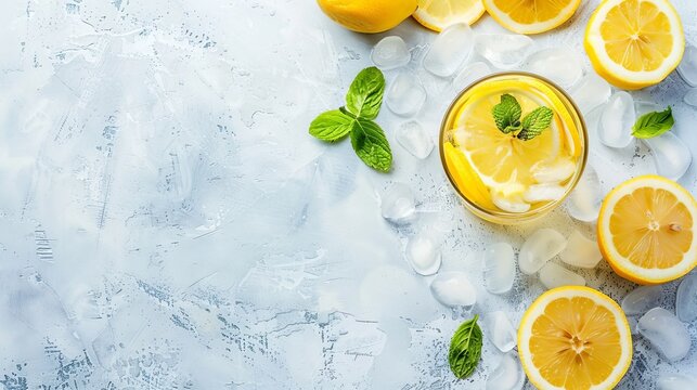 lemonade, lemon ice drink.Menu concept healthy eating. food background top view copy space for text