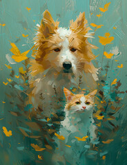 Artistic painting of a fluffy dog and a cute cat surrounded by colorful butterflies in a greenish-blue background.