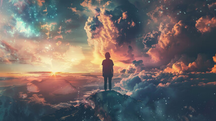 Person stands on mountain peak, gazing at surreal, colorful sky with clouds