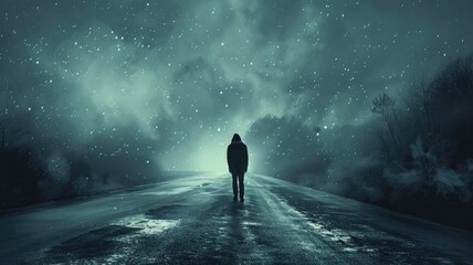 Person walking alone on dark, snowy road under starry sky