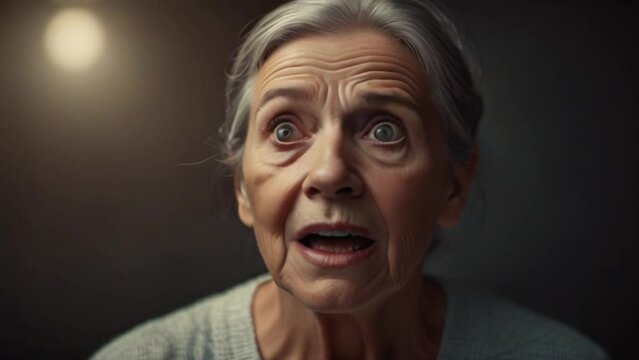 A woman with a surprised expression on her face. She is wearing a white shirt. The image has a dark background
