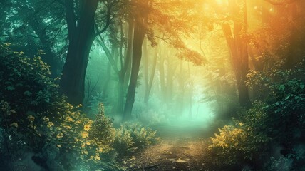 Enchanting forest path with mystical lighting and lush trees