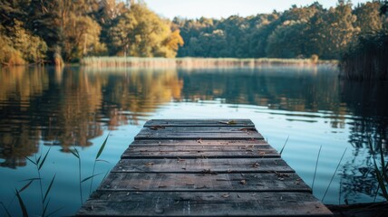 Wooden dock by serene lake with forest backdrop
