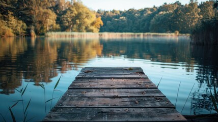 Obraz premium Wooden dock by serene lake with forest backdrop