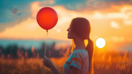 Caucasian female holding red balloon, sunset background