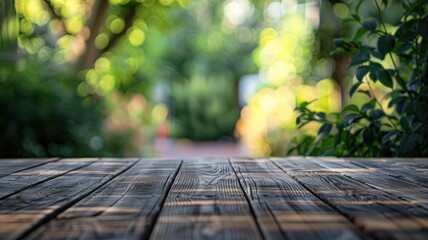 Wooden table in garden with blurred green background