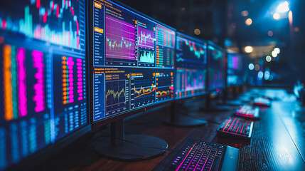 Arrangement of computer monitors Displaying Stock Prices and Financial Data
